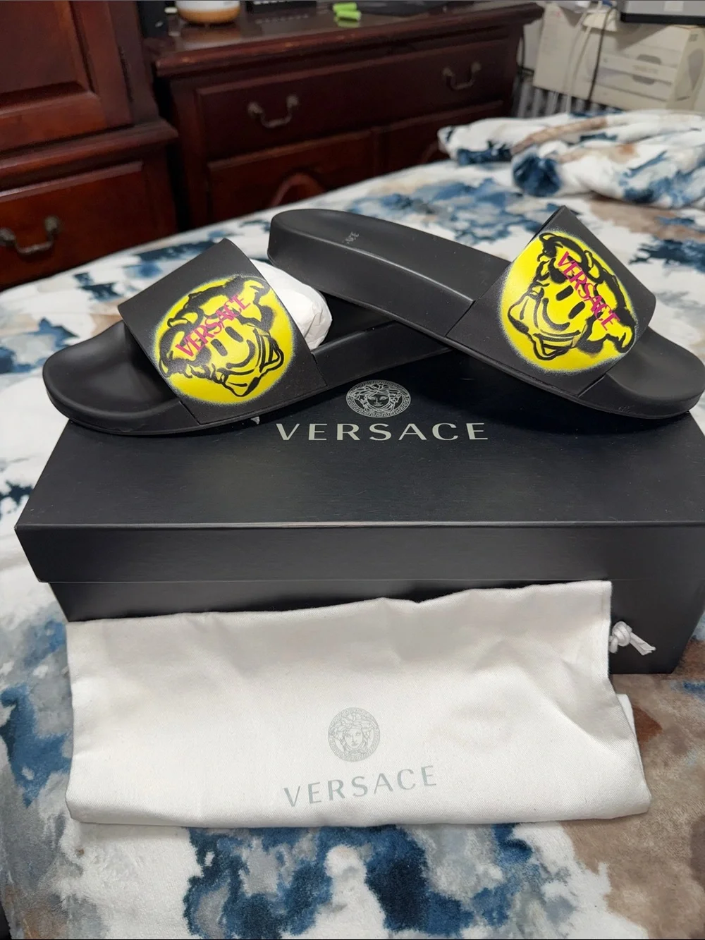 Versace Black Slides with Yellow Medusa Graphic and Pink Accent